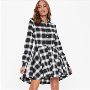 Missguided Plaid Check Black White Long Sleeve Button Down Skater Shirt Dress